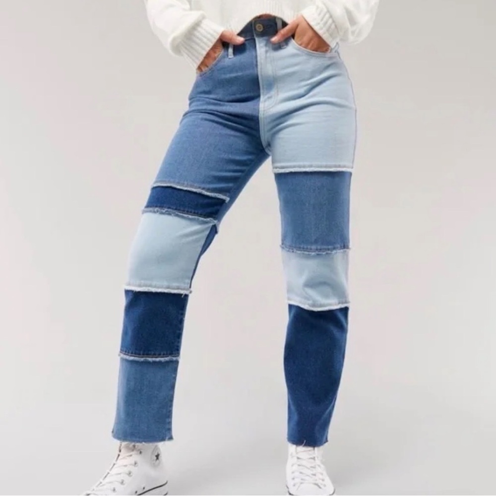 Hollister Blue Patchwork Straight Leg Jeans